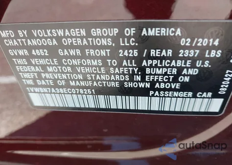 2014 Volkswagen Passat 2.0L Tdi Se from USA, damaged, VIN 1VWBN7A38EC078251
